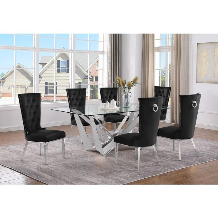7pc Small(78") glass dining set with silver base and 6 Black side chairs