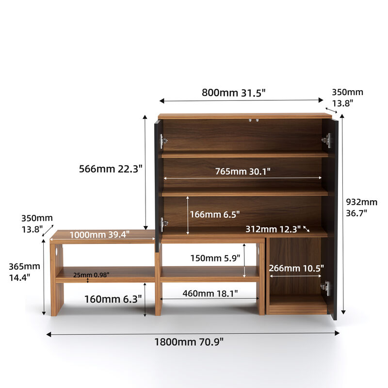 Wooden Convertible Corner Shoe Cabinet for Entryway 70.9", Walnut & Black image number 7