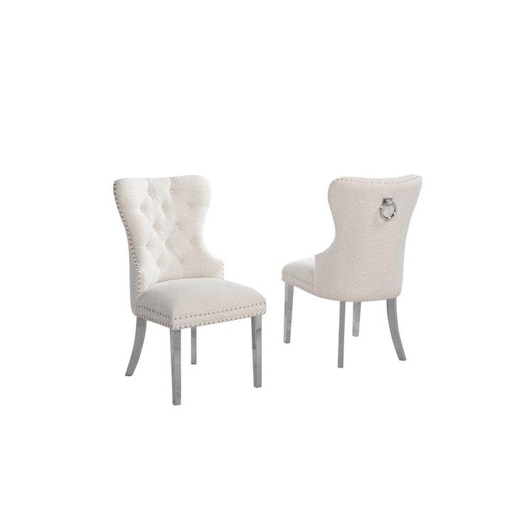 Cream Boucle Fabric And Silver Base Side Chairs (Set Of 2)