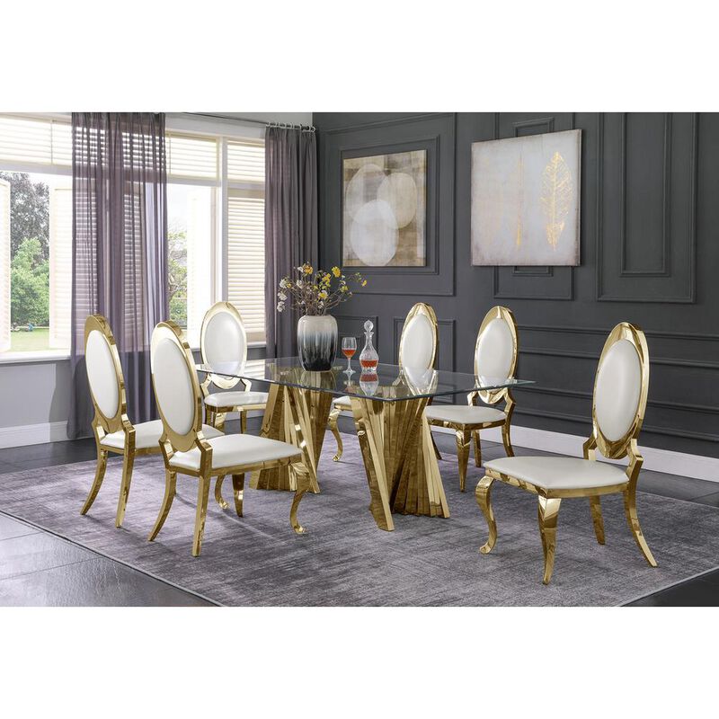 Classic 7pc Dining Set w/Faux Leather Side Chair, Glass Table w/ Gold Spiral Base, White