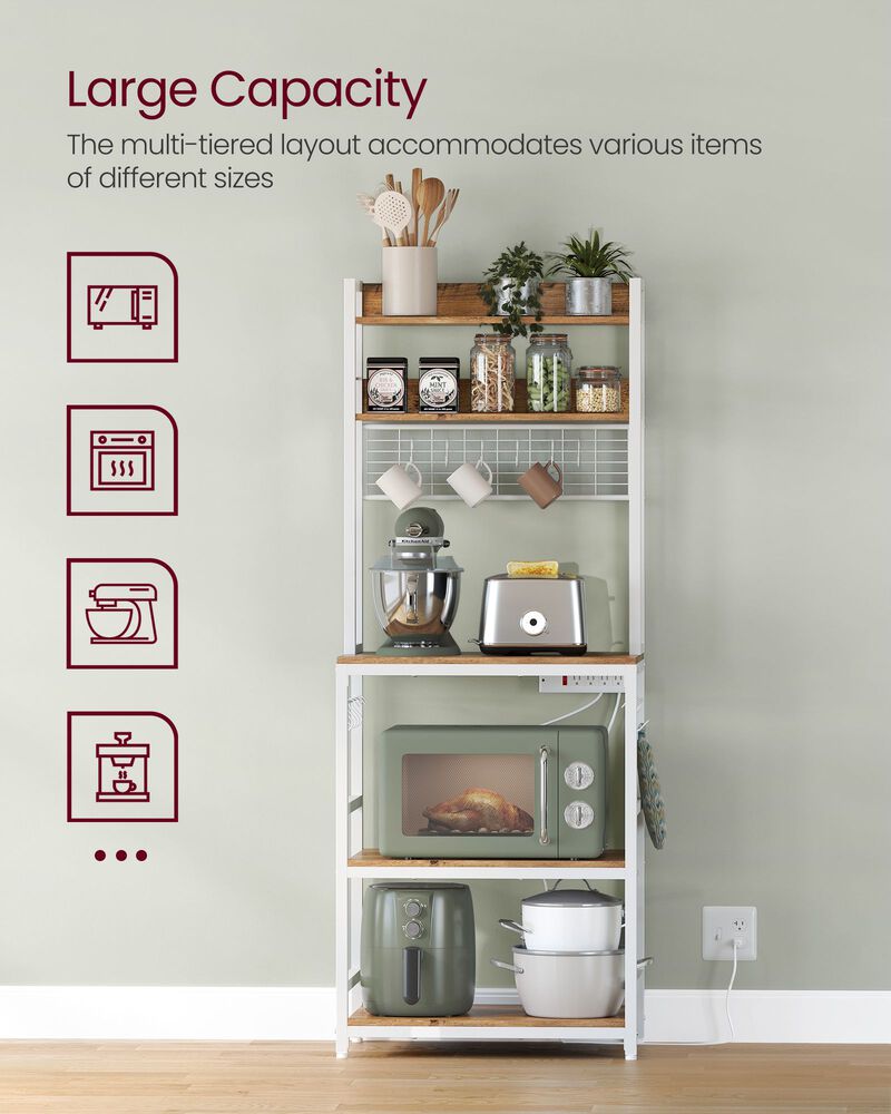 Bakers Rack with Hutch and Power Outlet for Kitchen Storage and Appliance Charging