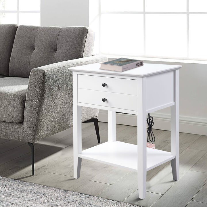 Rectangular Wooden Side Table with 1 Drawer and 1 Bottom Shelf, White - Benzara