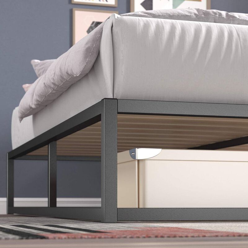 Sleek Metal Platform Bed Frame with Wood Slats – Low Profile Design