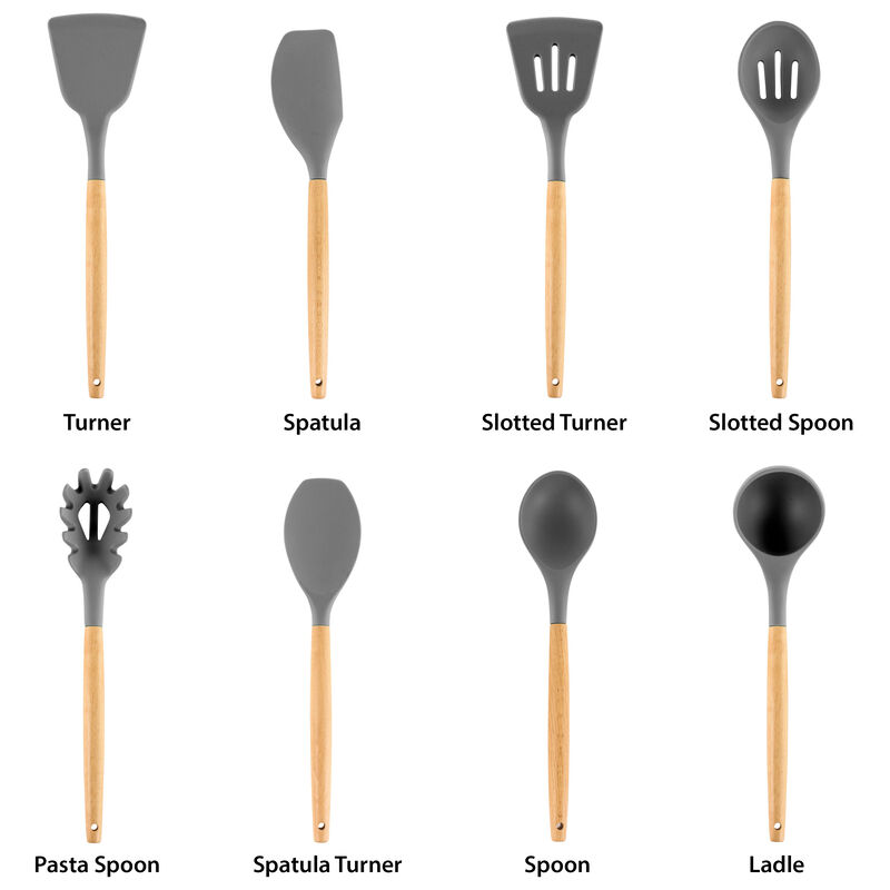 MegaChef Gray Silicone and Wood Cooking Utensils, Set of 9