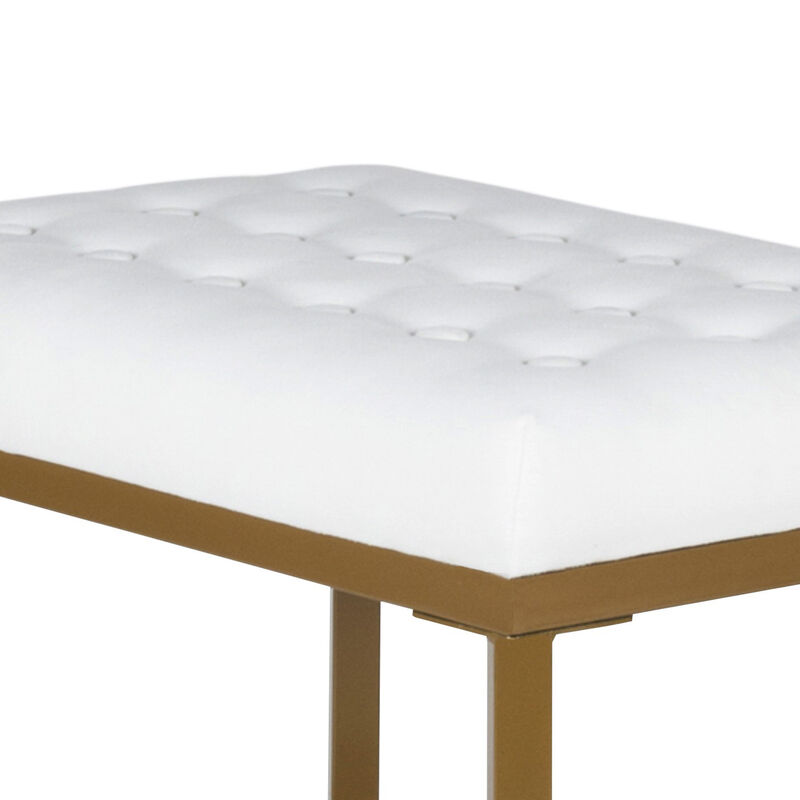 Metal Framed Bench with Button Tufted Velvet Upholstered Seat, White and Gold