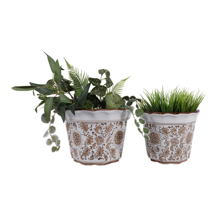 S/2 10/12" Flower Chinoiserie Planters,brown