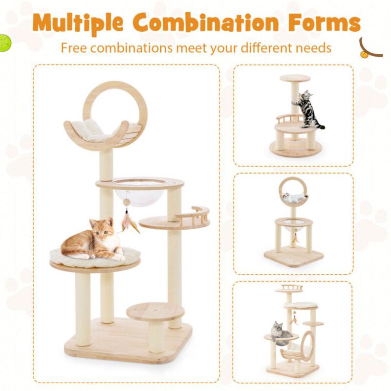 Hivvago 4-in-1 Large Wooden Cat Tower with Space Capsule Nest for Indoor Cats