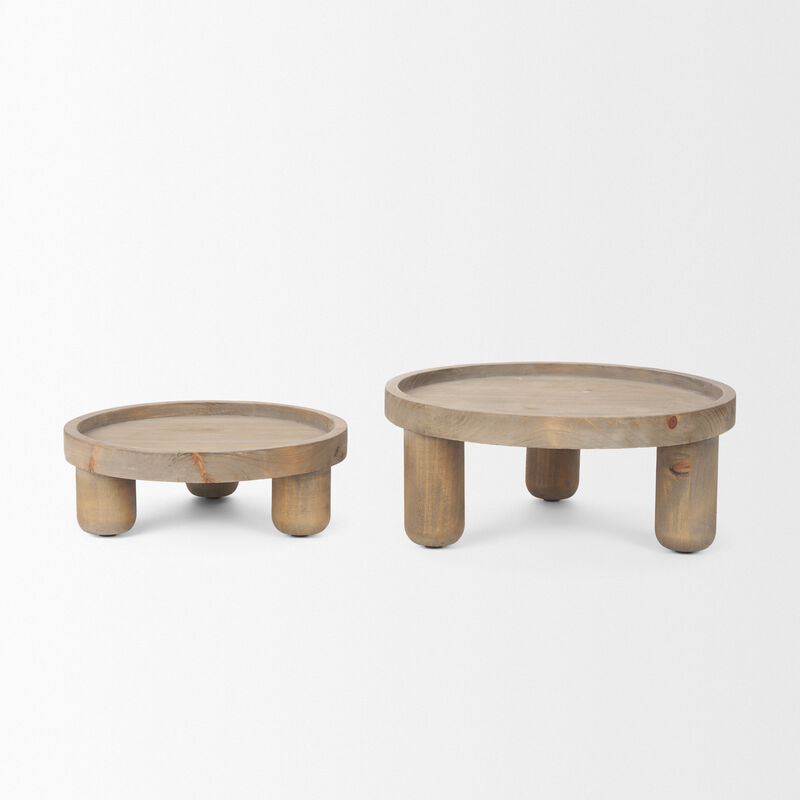 HomeRoots Set of Two Gray And Natural Solid Wood Handmade Round Risers image number 3