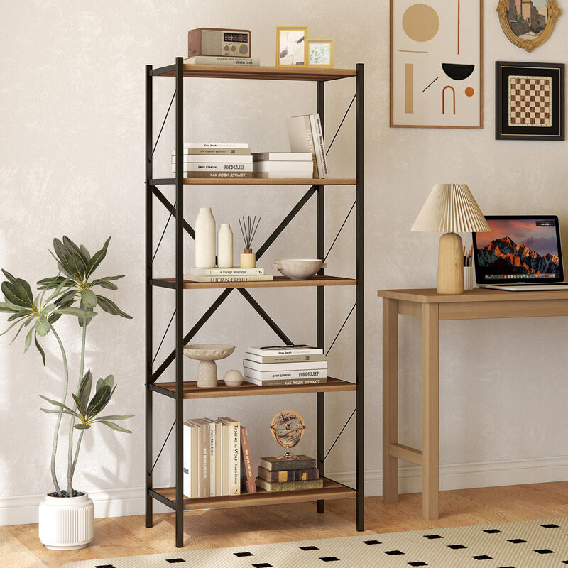 Modern 5-Tier Bookshelf Industrial Bookcase Metal Frame Storage image number 4