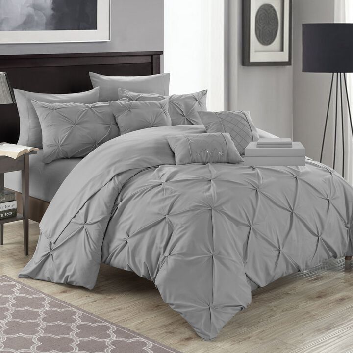 Chic Home Mycroft Pinch Pleated Ruffled Bed In A Bag Soft Microfiber Sheets 10 Pieces Comforter Decorative Pillows & Shams - Twin 66x90, Silver
