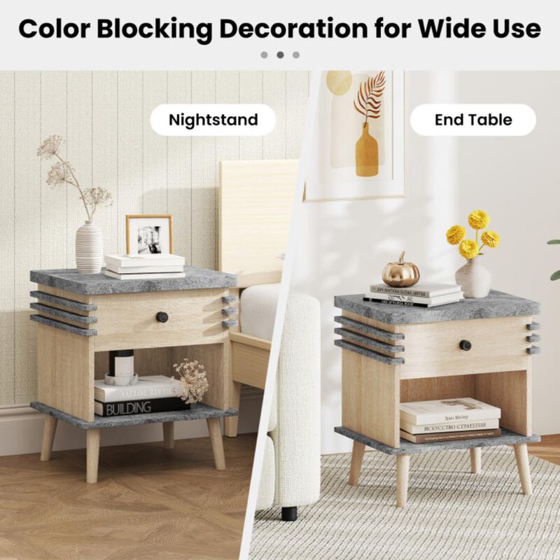 Hivvago 3-Tier Bedside Table Nightstand with Antique Grey Faux Marble Top