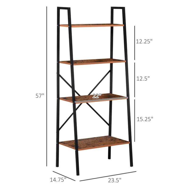 Vintage Ladder Book Shelf 4-Tier Storage Rack Accent Bathroom Living Room, Black/Vintage wood