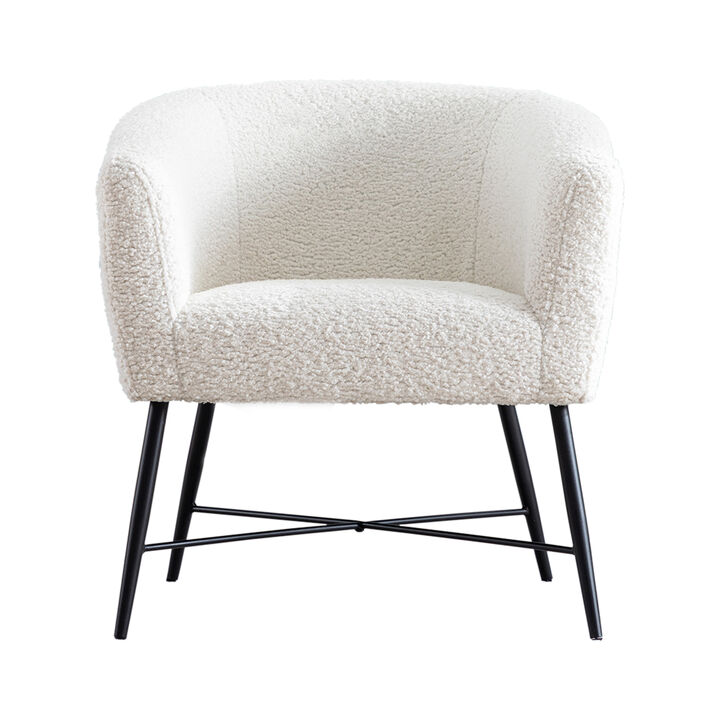 Ino 28 Inch Accent Chair, White Wool Like Fabric, Curved Back, Shelter Arms-Benzara