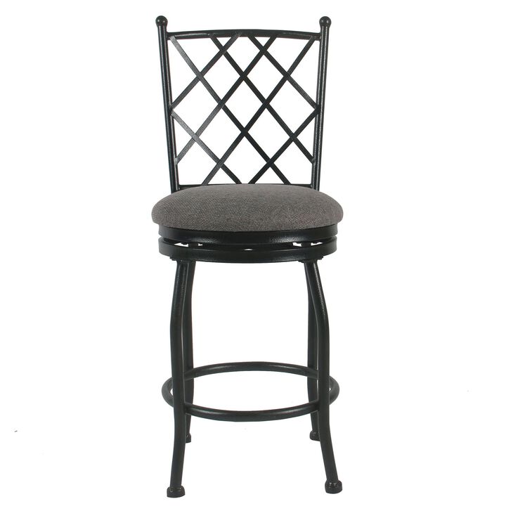 Metal Swivel Counter Height Stool with Padded Fabric Seat and Criss Cross Backrest, Gray - Benzara