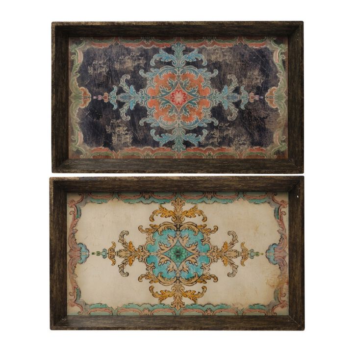25 Inch Wood Tray, Vintage Style, Distressed Brown Wood Frame, Set of 2 - Benzara