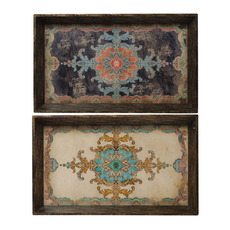 25 Inch Wood Tray, Vintage Style, Distressed Brown Wood Frame, Set of 2 - Benzara