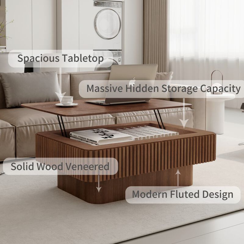 Rectangular lift top coffee table Coffee table with hidden storage and soft close Fluted MDF and solid wood veneer coffee table image number 6
