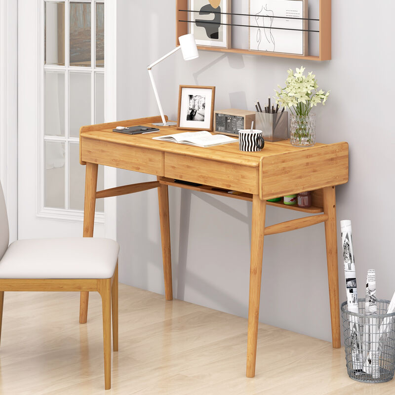 Writing Desk with 2 Storage Drawers and Open Shelf for Home Office or Study Space