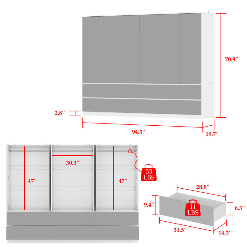 FUFU&GAGA Modern White Armoire with Full-Length Glass Mirrors – Elegant Wardrobe with Ample Storage and Robust Construction, (94.5" L x 19.7" W x 70.9" H),Silver