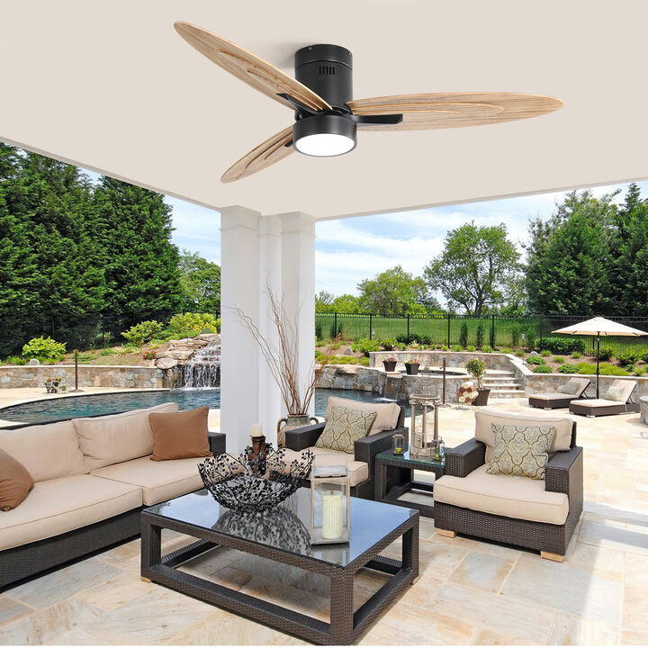 56" Modern Design Flush Mount Ceiling Fan with Light and Remote Control, 3 Solid Wood Blades
