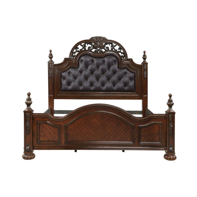 Amio Queen Bed, Button Tufted Faux Leather Headboard, Cherry Brown Wood