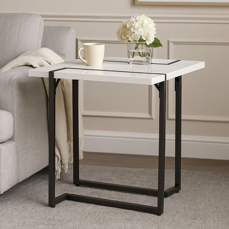 Iry Side End Table, Black Steel Sled Base, 22 Inch, Gloss White Lacquer image number 1