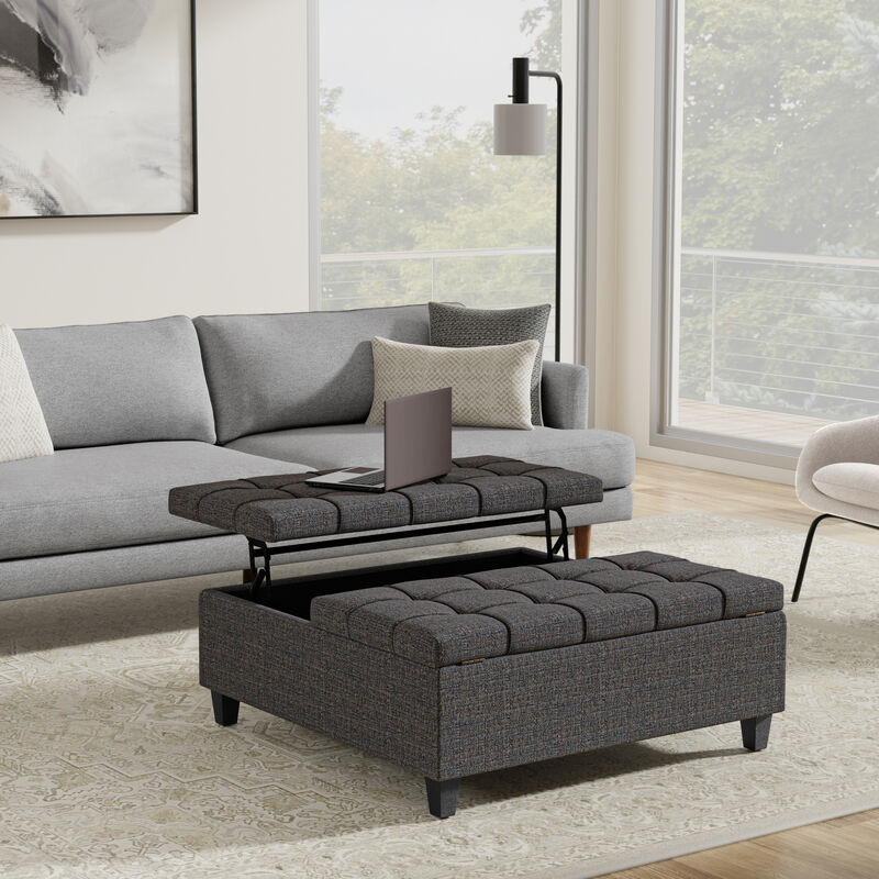 Harrison 40 inch Wide Transitional Square Large Coffee Table Storage Ottoman in Ebony Polyester Tweed, Assembled image number 9