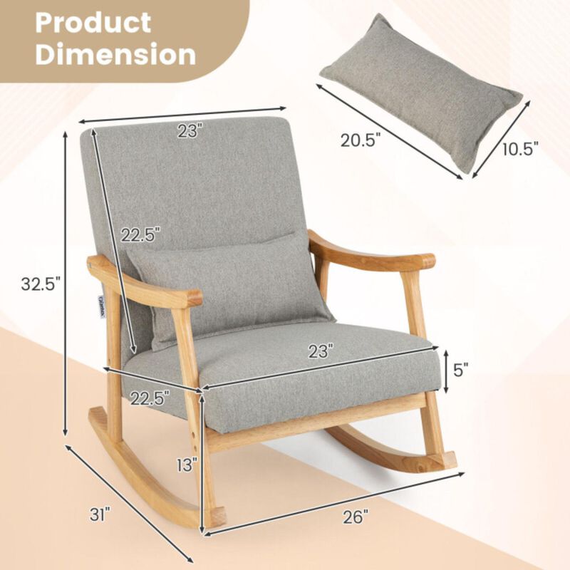 Hivvago Upholstered Rocking Chair with Pillow and Rubber Wood Frame-Gray