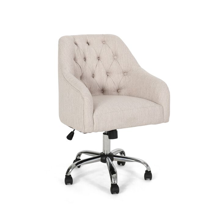 Nysa Swivel Office Chair, Tufted Beige Fabric, Chrome Steel - Benzara