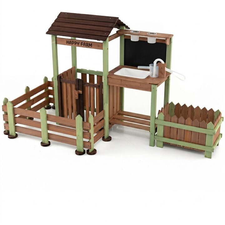 Kids Wooden Farm Playset with Planter Box and Water Faucet