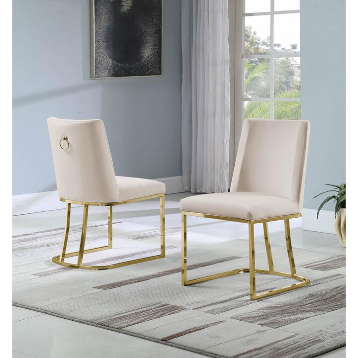 Set of 2 Velvet Dining Chair with Gold Sleigh Legs and Back Ring Handle - Beige