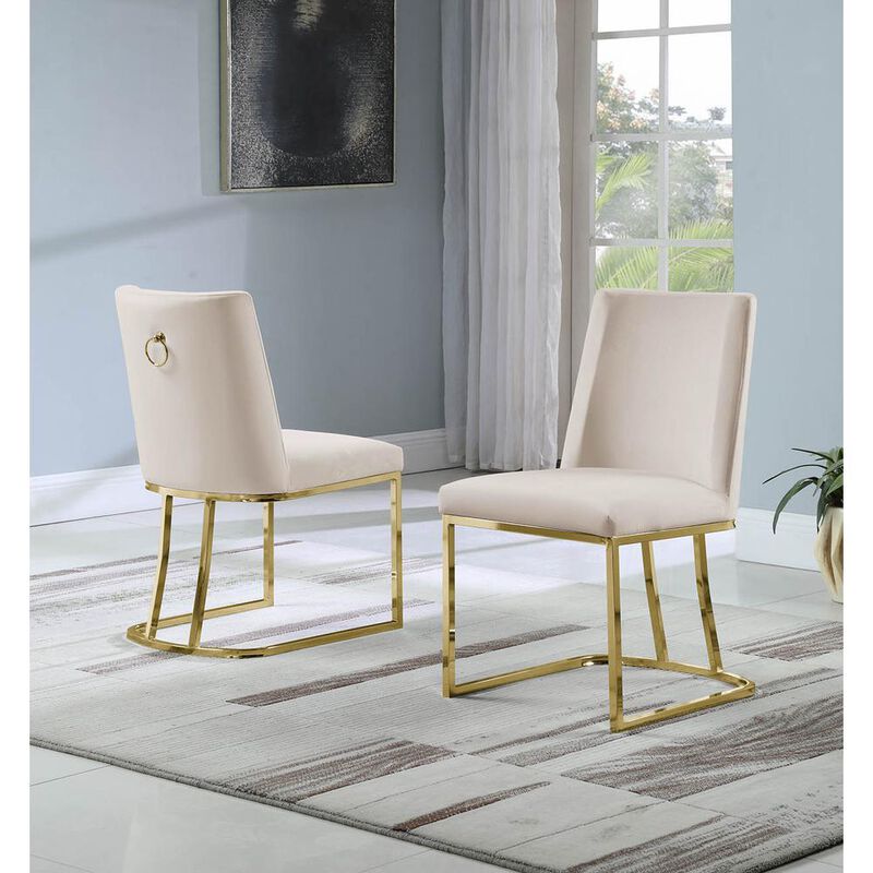 Set of 2 Velvet Dining Chair with Gold Sleigh Legs and Back Ring Handle - Beige