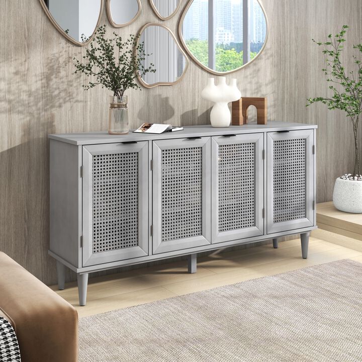 Large Storage Space Sideboard with Artificial Rattan Door and Unobtrusive Doorknob for Living Room and Entryway (Gray)