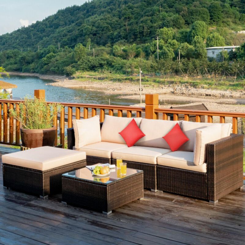 Hivvago 5 Pieces Outdoor Patio Rattan Furniture Set Sectional Conversation with Cushions