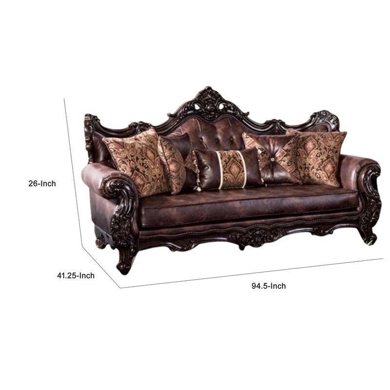 Puhi Sofa, Brown Faux Leather, Ornate Carved Dark Cherry Wood, 95 Inch image number 4