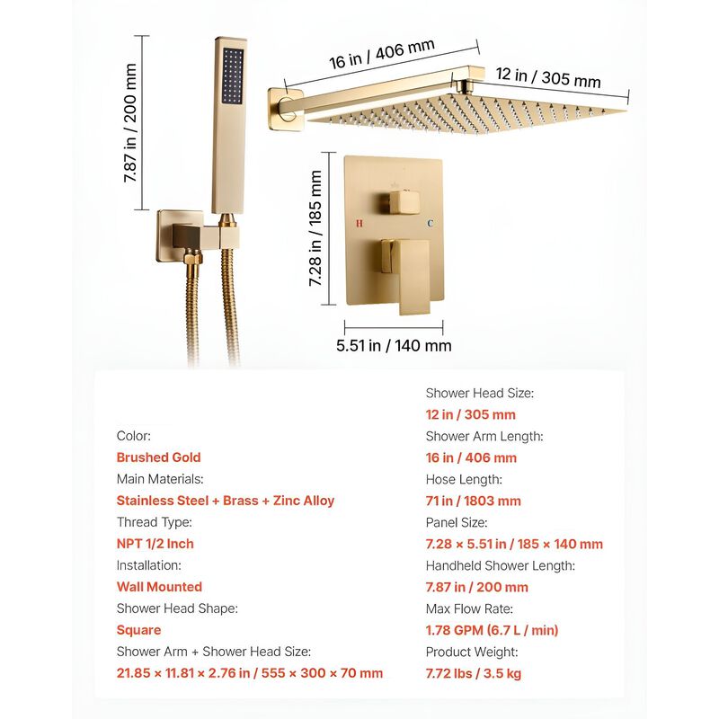 12 Inch Square Rain Shower System Brushed Gold with Handheld Spray image number 2