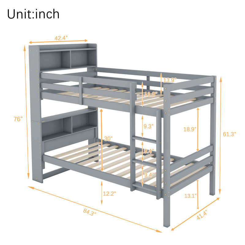 Whisen Twin Over Twin Bunk Bed with Built-in Bookcase Headboard, Safety Guardrails, and Detachable Ladder, Convertible to Two Individual Twin Beds image number 9