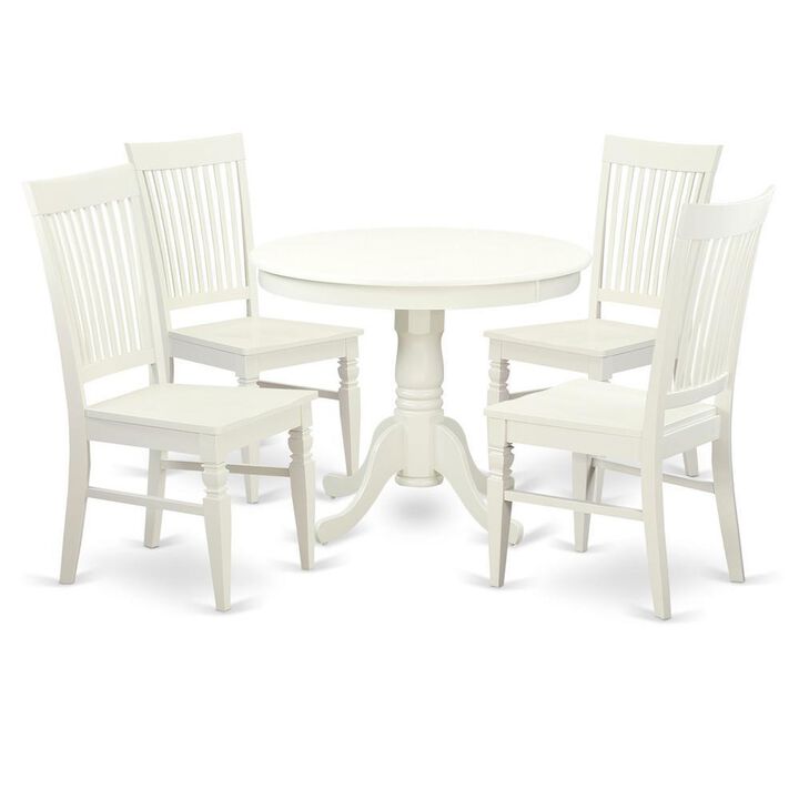 5 Pc set with a Table and 4 Wood Dinette Chairs in Linen White.