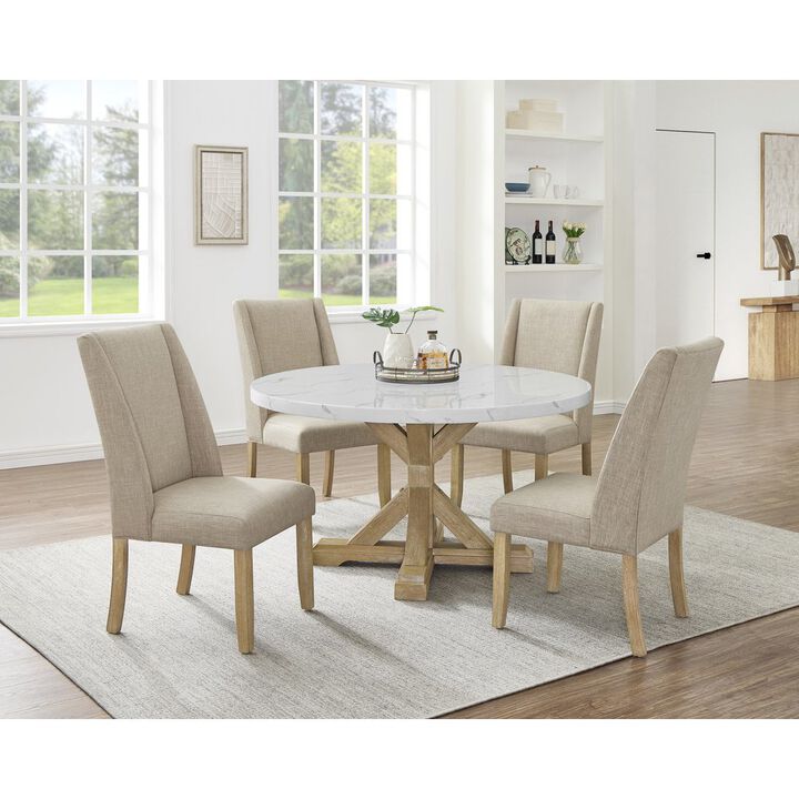 Best Quality Furniture 5Pc Faux Marble Table With 4 Rustic Beige Fabric Side Chairs