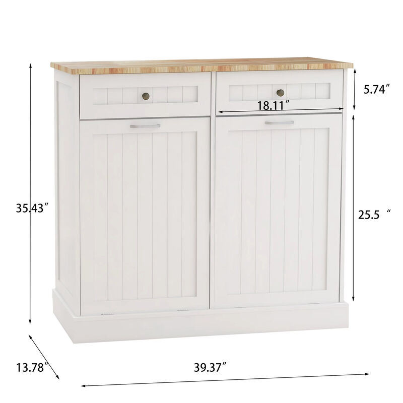 39.37 in. W x 13.78 in. D x 35.34 in. H Ready to Assemble Trash Can Kitchen Cabinet in White with 2 Drawers