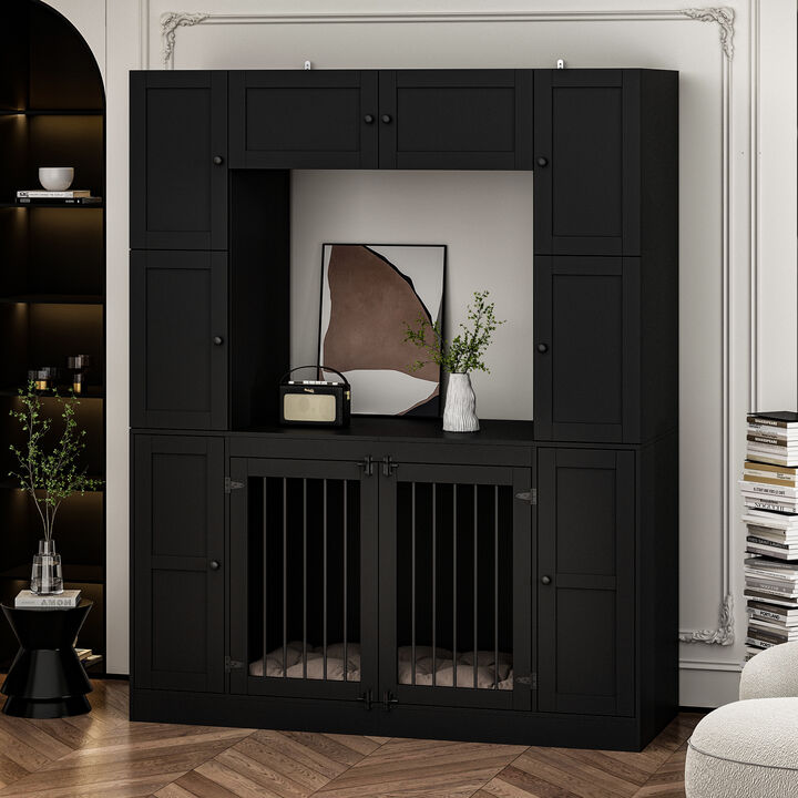 Dog House Storage Cabinet Bookshelf Furniture Style, Indoor Wood Dog Crate Bookcase with 7 Large Shelves, Black