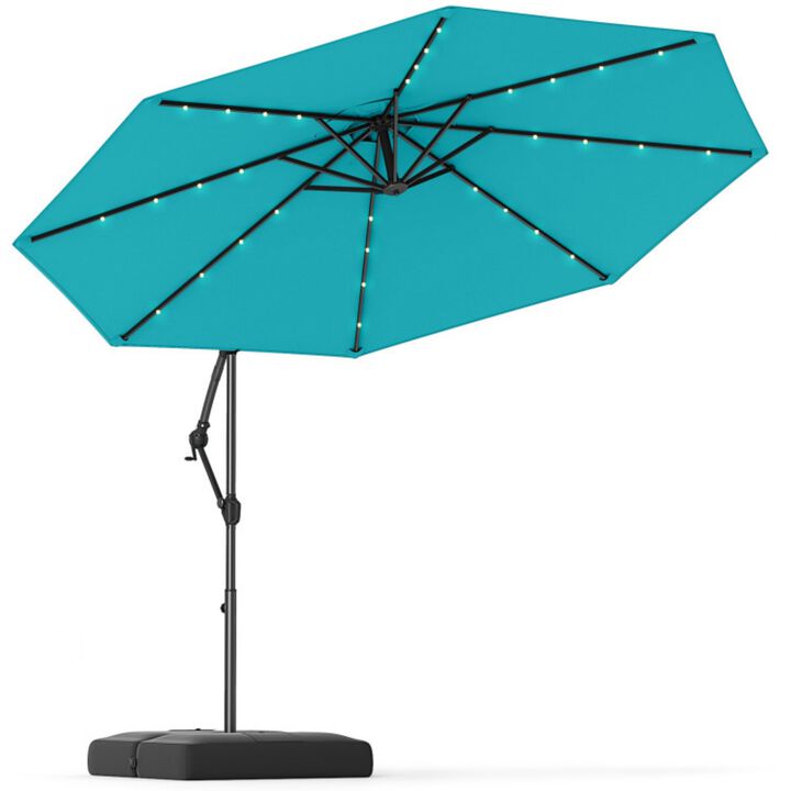 10 Feet Solar Offset Hanging Umbrella with Base and 32 LED Lights-Taupe