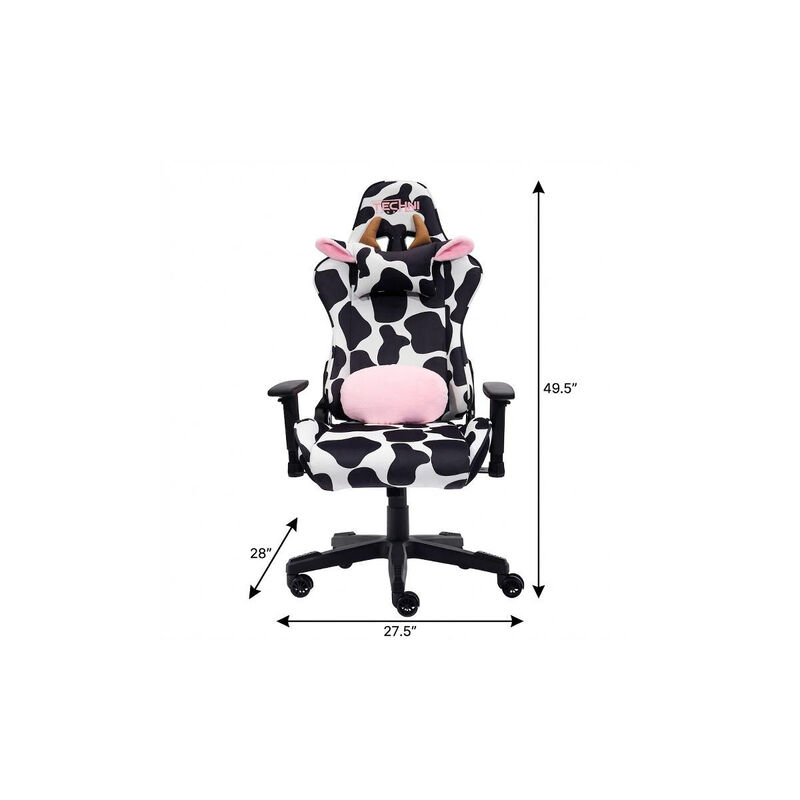 HomeRoots Black White And Pink Cow Print Adjustable Height Swivel Rolling Gaming Chair image number 6