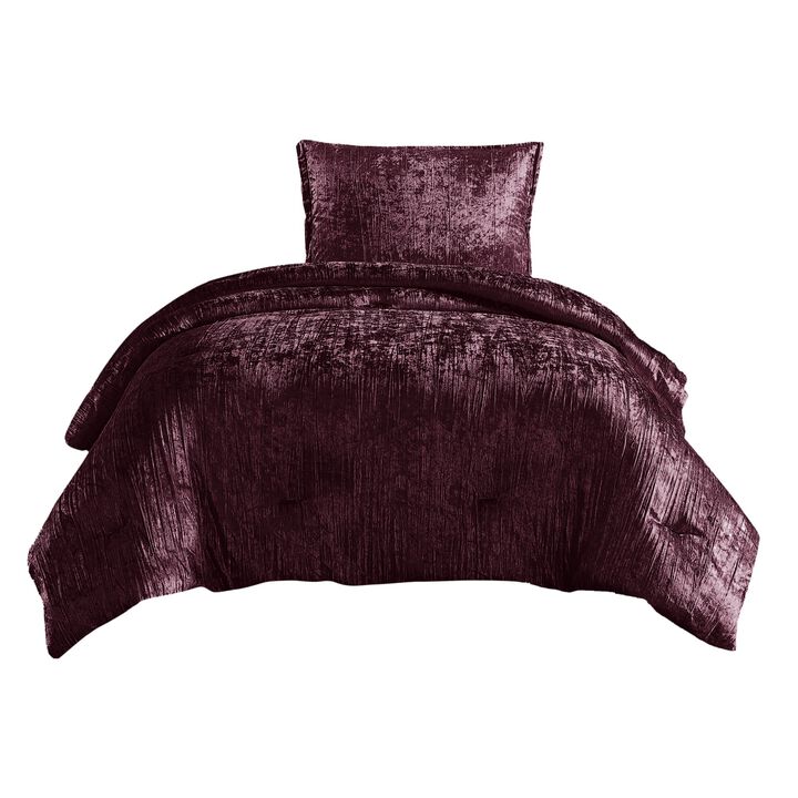 Jay 2 Piece Twin Comforter Set, Purple Polyester Velvet Deluxe Texture - Benzara