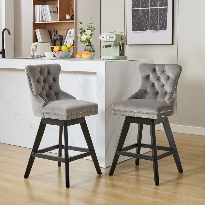 Clihome Swivel Velvet Barstools with Button Tufted Decoration and Wooden Legs, and Chrome Nailhead Trim, Leisure Style Bar Stools,Set of 2
