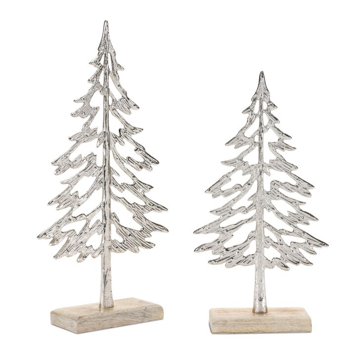 Set of 2 Metal Christmas Trees with Wooden Base &ndash; Rustic Holiday Accent for Tabletop or Entryway Styling