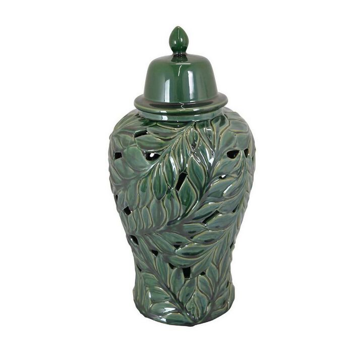 Heni 19 Inch Ceramic Temple Jar with Lid, Cut Out Leaf Motifs, Green Finish - Benzara