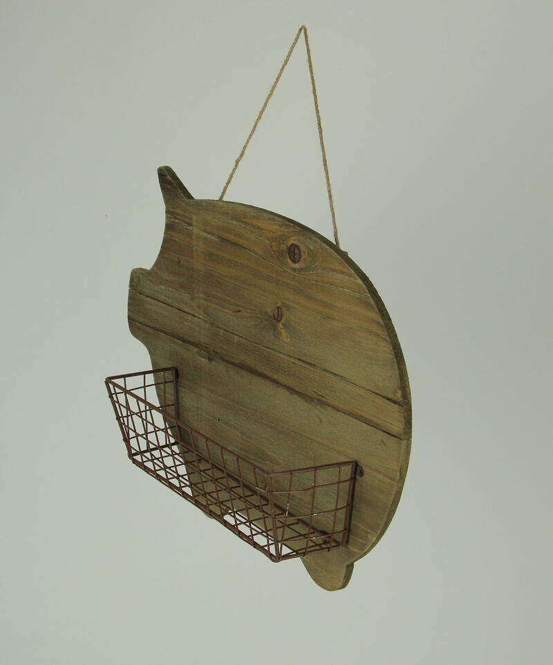 Rustic Wood Farmhouse Pig and Metal Wire Wall Basket image number 1