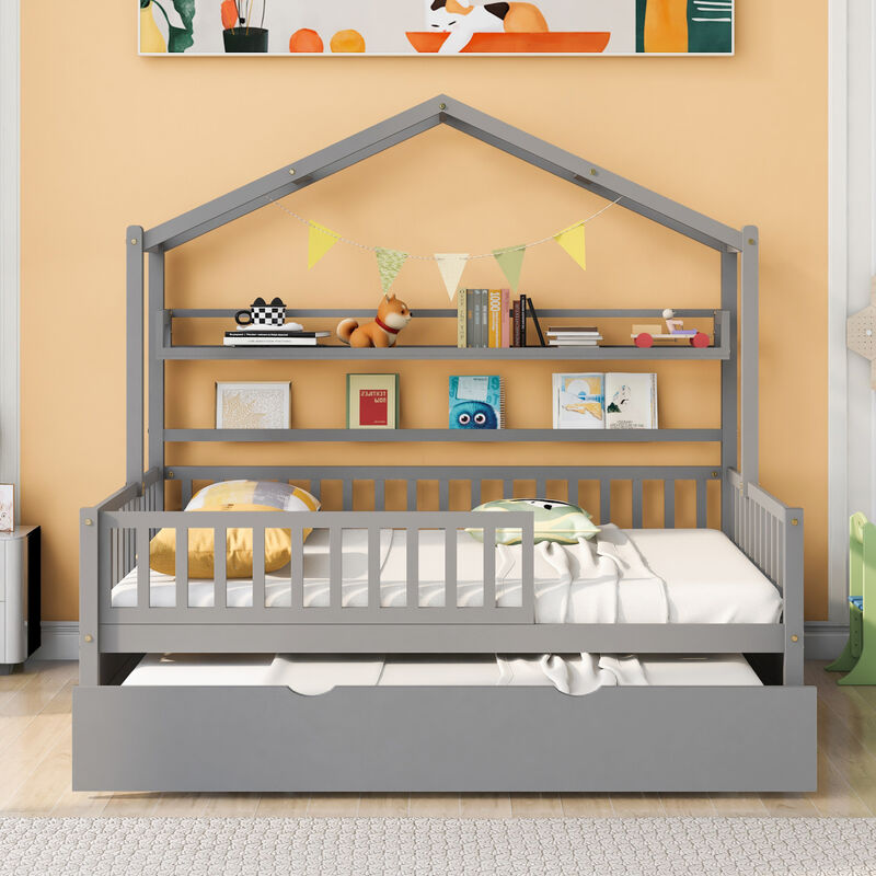 Streamdale Wooden Full Size House Bed With Twin Size Trundle, Kids Bed With Shelf