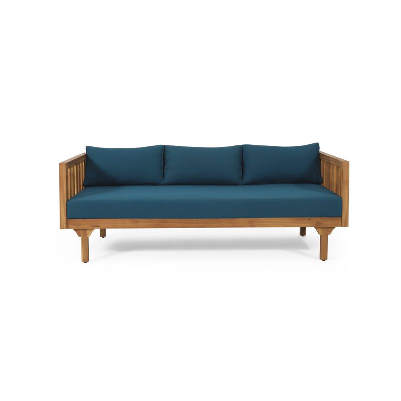 Clara Outdoor 3 Seater Daybed Sofa, Slatted Teak Wood, Blue Fabric image number 5